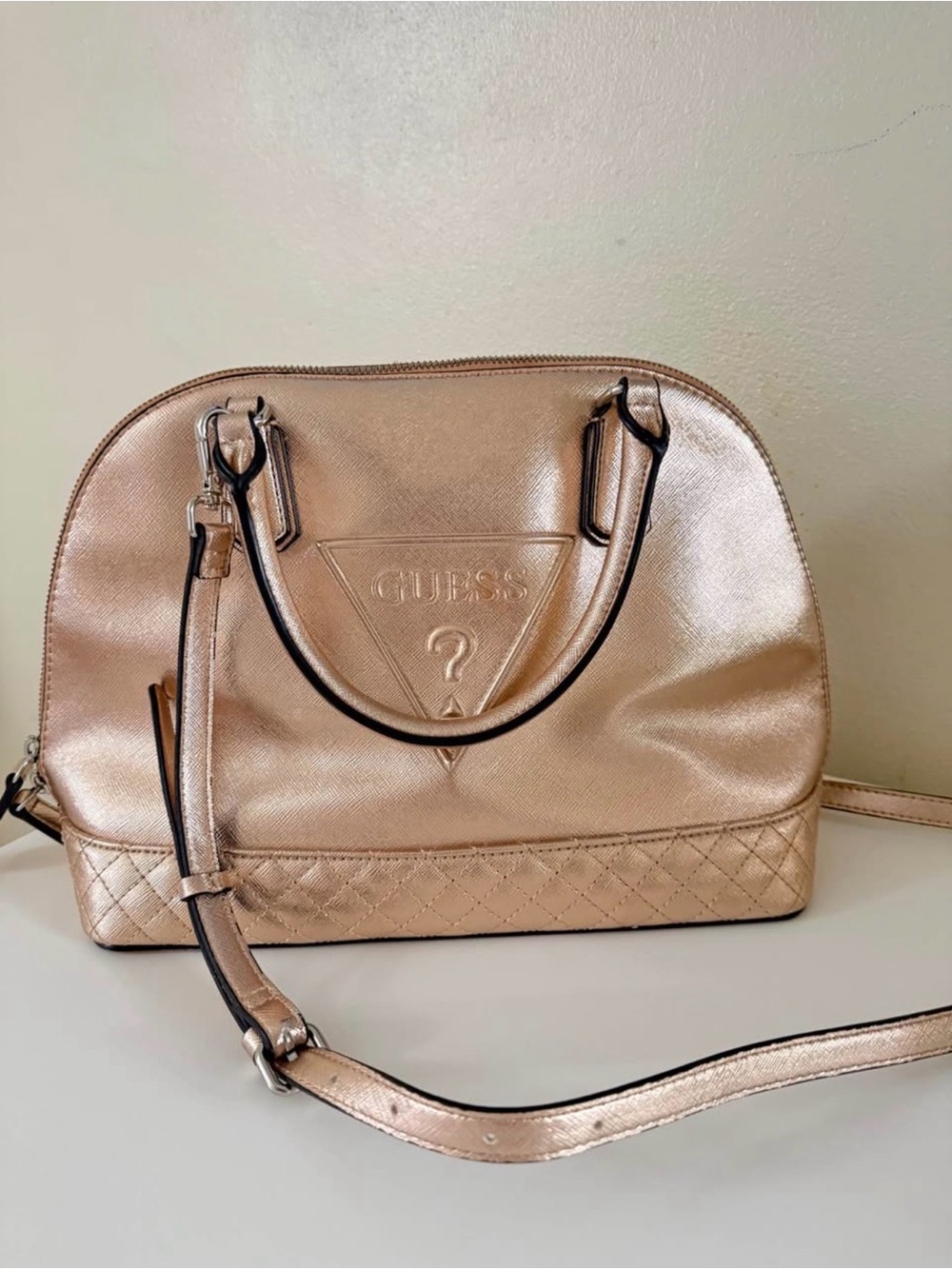 GUESS Rose Gold Metallic Dome Satchel Crossbody Bag Quilted Logo Handbag